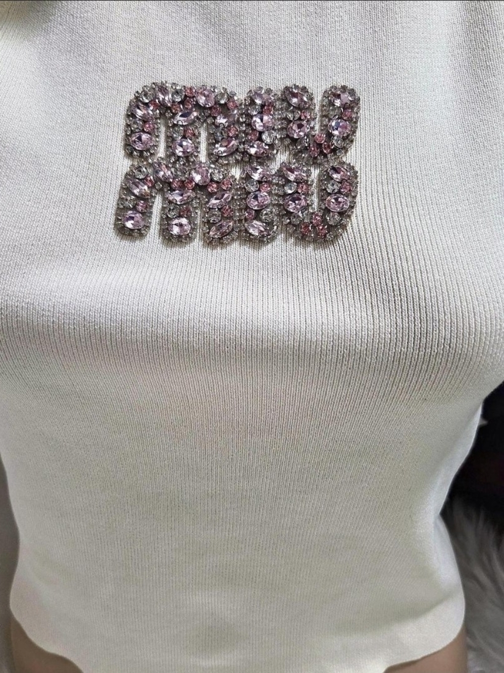 Miu Miu Embellished Rhinestone Patch Cropped Top - Pink Stones on White